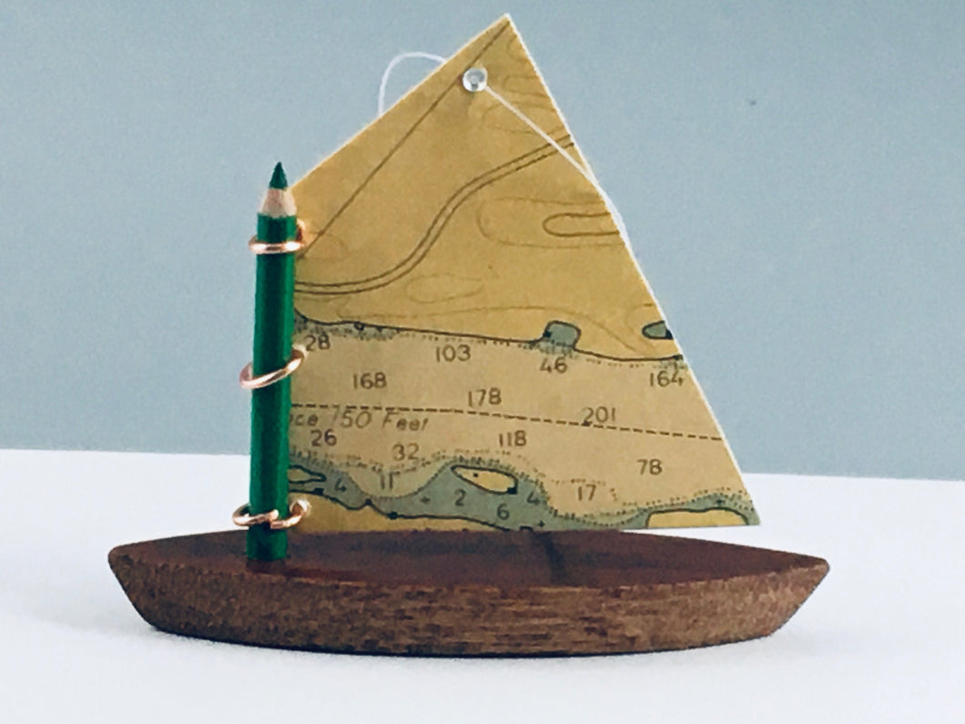 Boat Ornament with Chart Sail and Pencil Mast